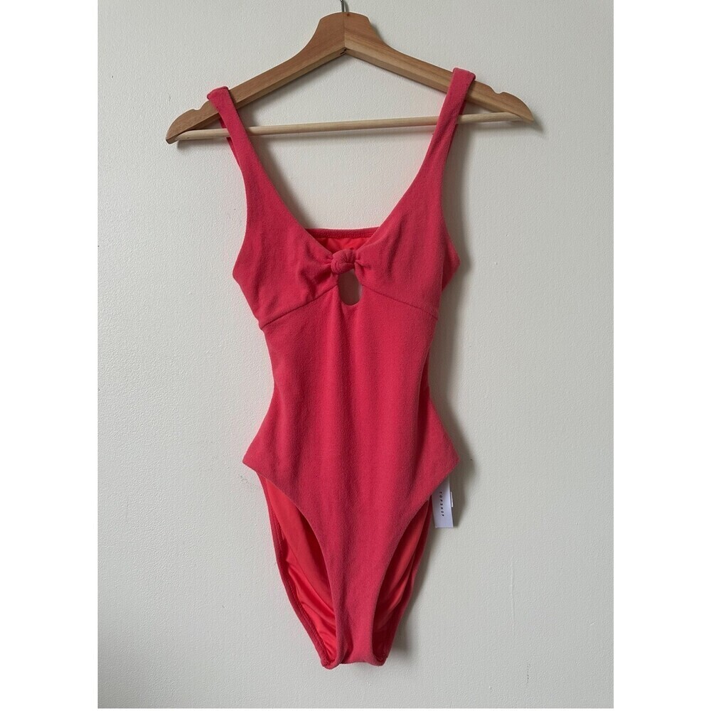 TOPSHOP Knot Velour One-Piece Swimsuit Coral Peach Pink size 2 fits as 0 NWT